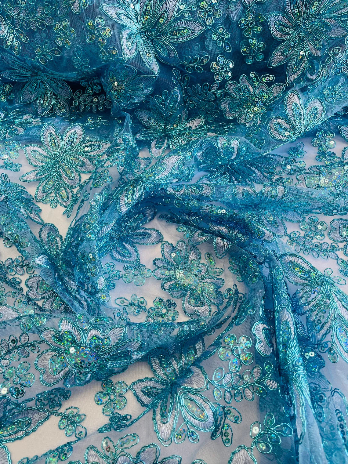 Holographic Sequins Lace - Turquoise - Flower Sequins Lace Design w/ Metallic Thread by Yard