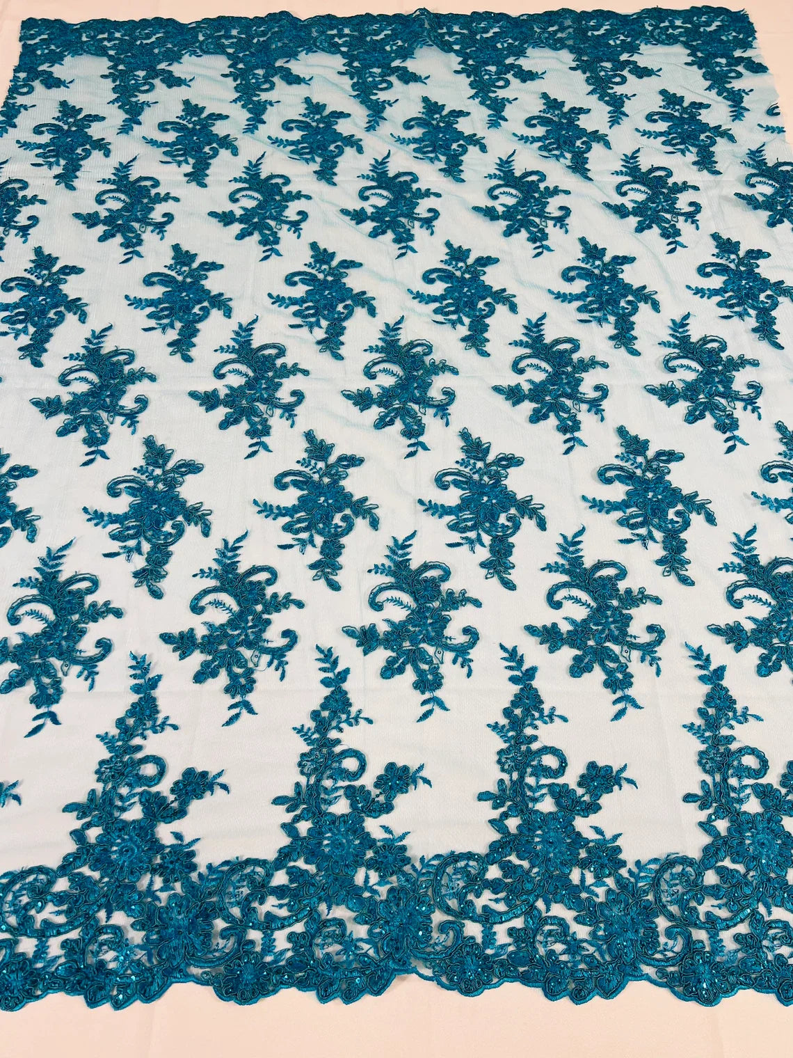 Lace Flower Cluster Fabric - Embroidered Flower With Sequins on a Mesh Lace Fabric - 25 Yard Roll