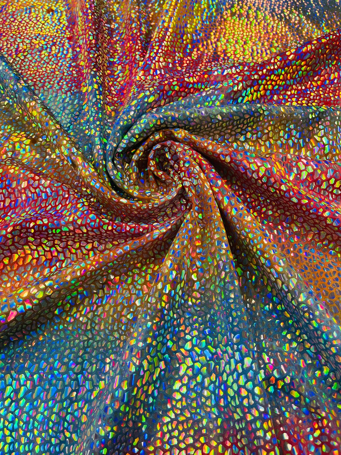 Dragon Scales Foil Fabric - Tie Dye Rainbow - Iridescent Dragon Design on Spandex Fabric
