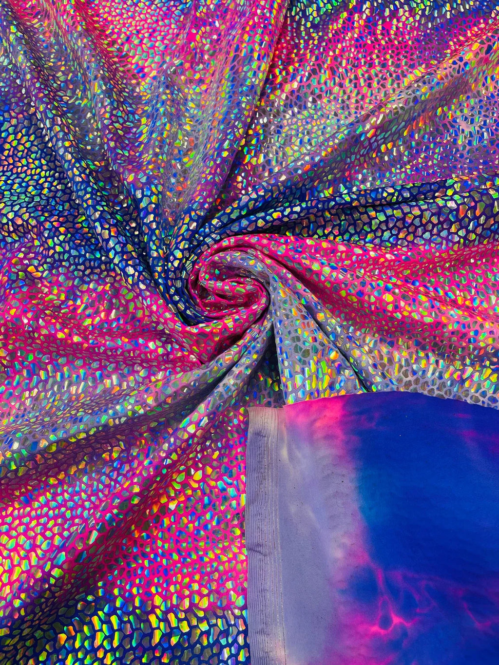 Dragon Scales Foil Fabric - Tie Dye Fuchsia / Purple - Iridescent Dragon Design on Spandex Fabric