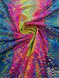 Dragon Scales Foil Fabric - Tie Dye Fuchsia / Yellow / Blue - Iridescent Dragon Design on Spandex Fabric