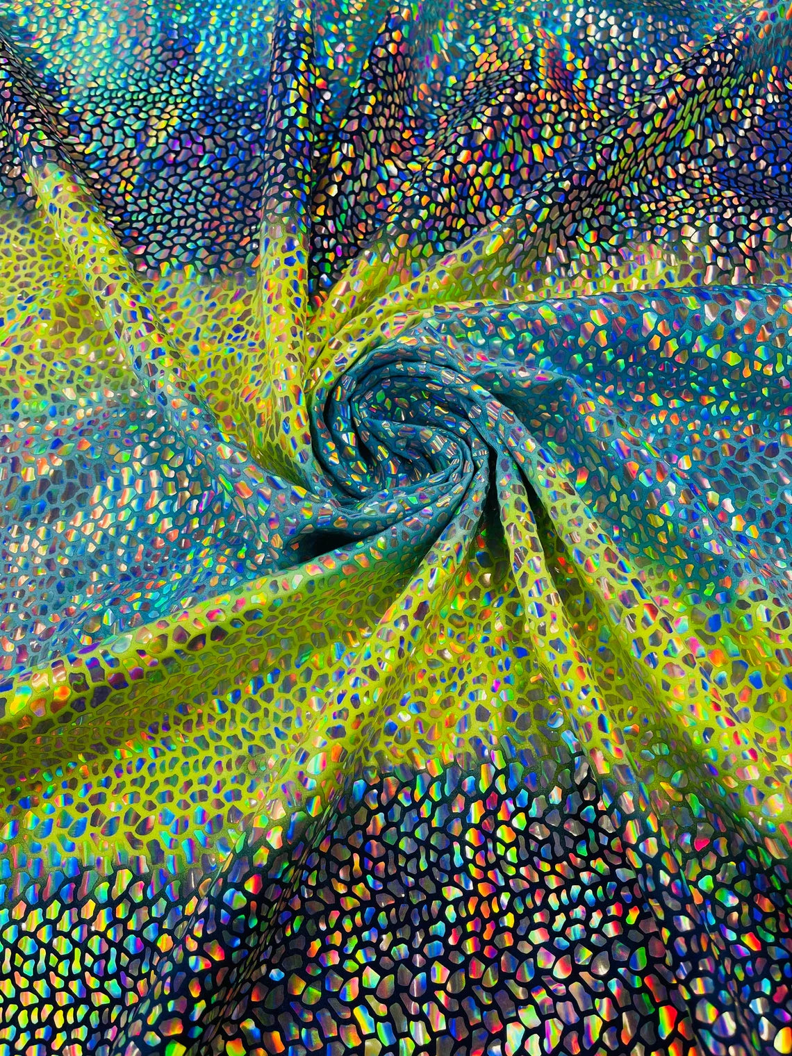 Dragon Scales Foil Fabric - Tie Dye Turquoise / Green / Blue - Iridescent Dragon Design on Spandex Fabric