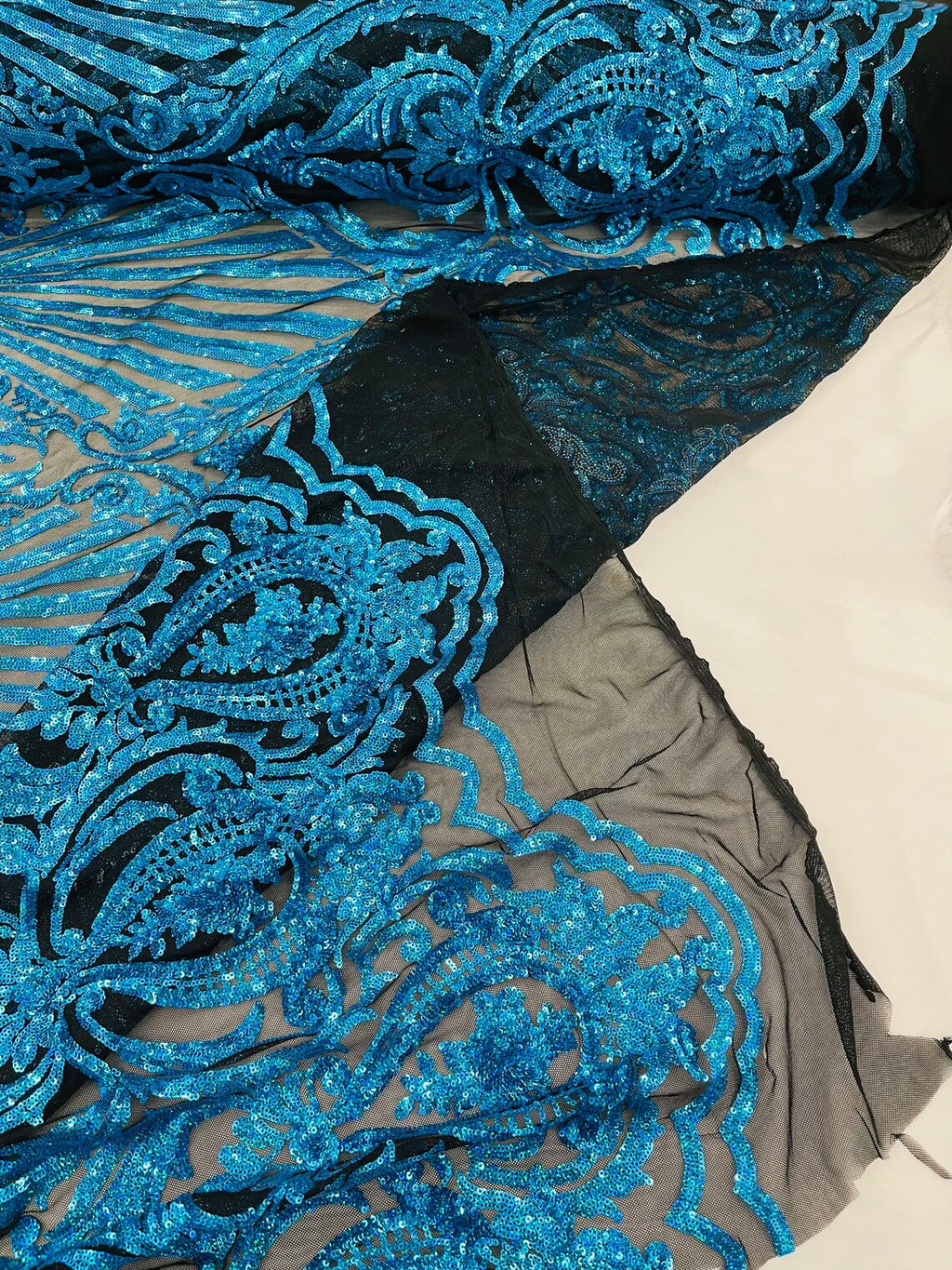 Damask Geometric Sequins - Turquoise on Black - 4 Way Stretch Sequins Damask Pattern Design Sold By Yard
