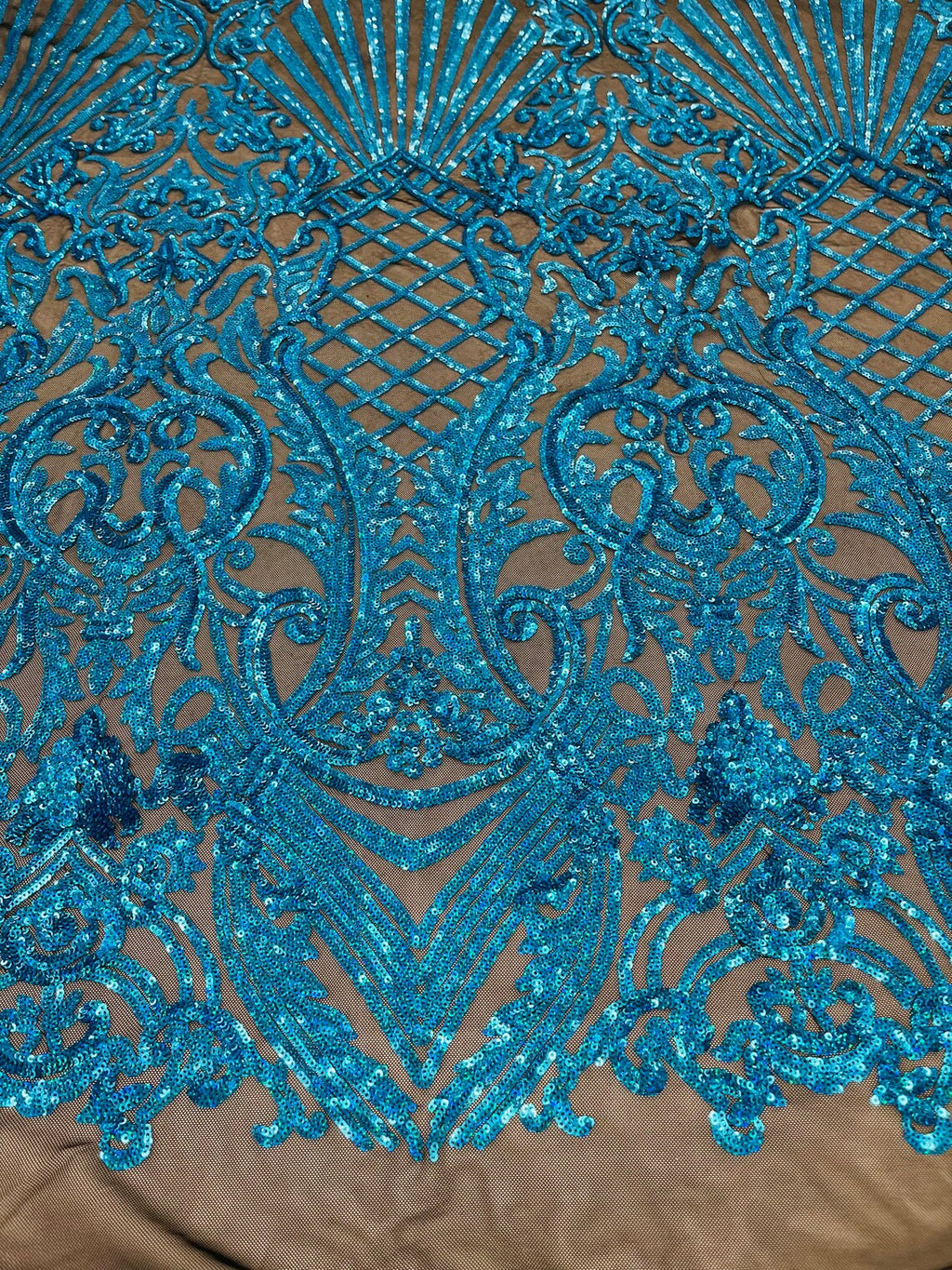 Damask Geometric Sequins - Turquoise on Black - 4 Way Stretch Sequins Damask Pattern Design Sold By Yard