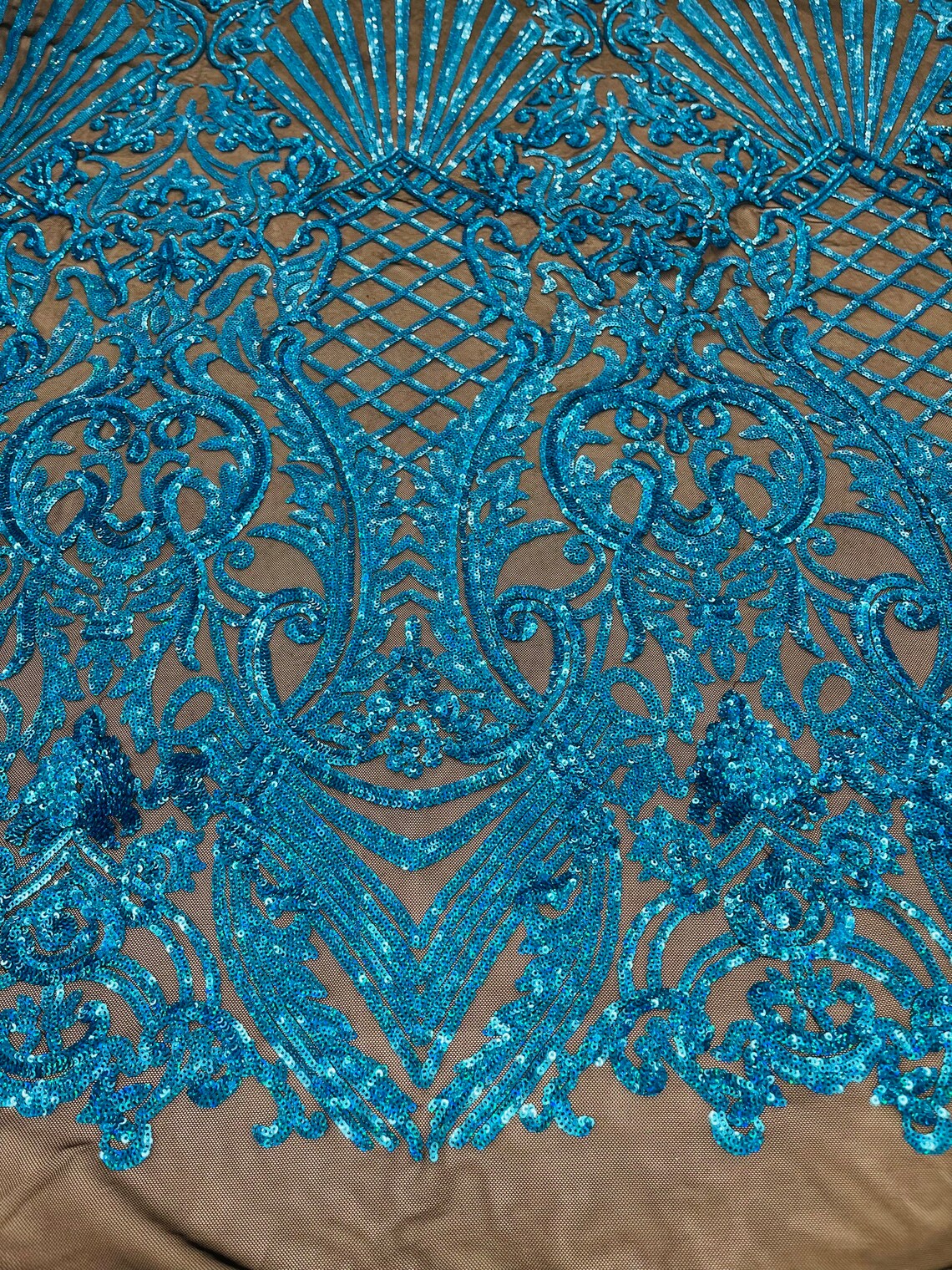 Damask Geometric Sequins - Turquoise on Black - 4 Way Stretch Sequins Damask Pattern Design Sold By Yard