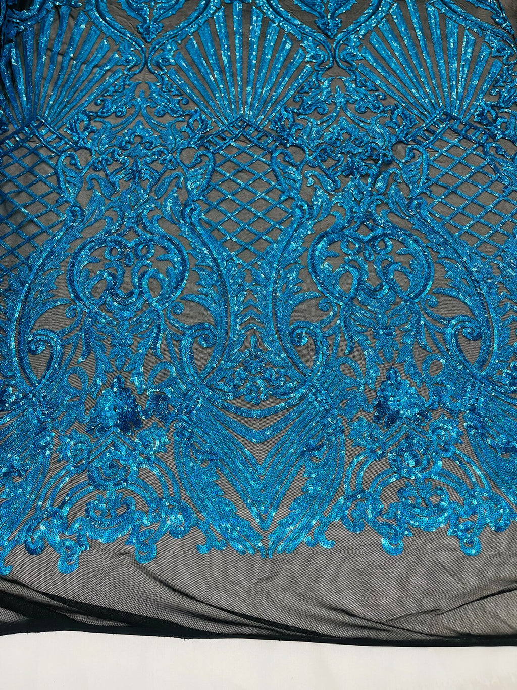 Damask Geometric Sequins - Turquoise on Black - 4 Way Stretch Sequins Damask Pattern Design Sold By Yard