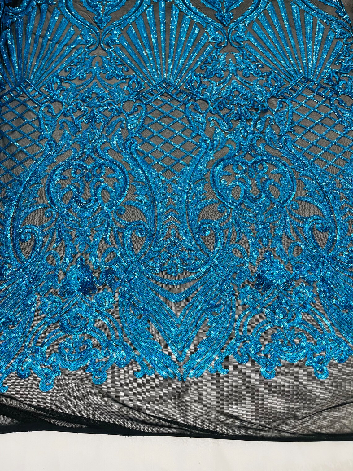 Damask Geometric Sequins - Turquoise on Black - 4 Way Stretch Sequins Damask Pattern Design Sold By Yard