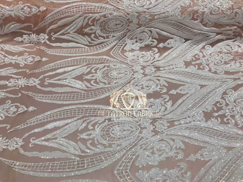 Big Damask Sequins Fabric - White on Nude - 4 Way Stretch Damask Sequins Design Fabric By Yard