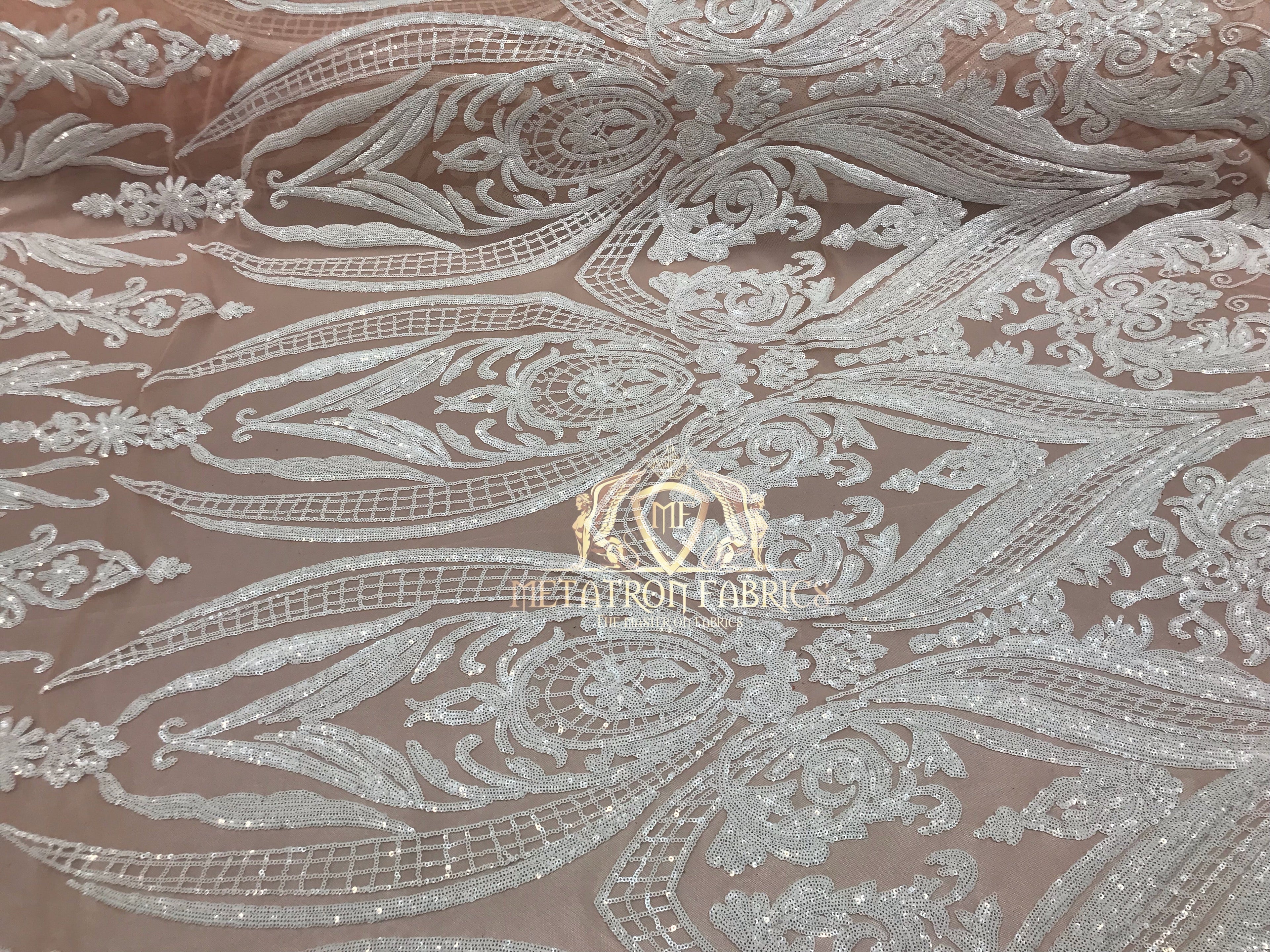 Big Damask Sequins Fabric - White on Nude - 4 Way Stretch Damask Sequins Design Fabric By Yard