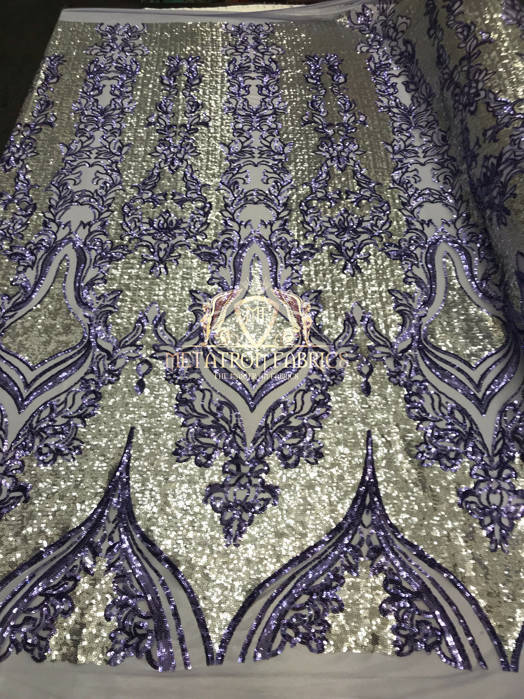 4 Way Stretch - Lilac and Gold - Two Tone Flower Design Sequins On Stretch Mesh By The Yard