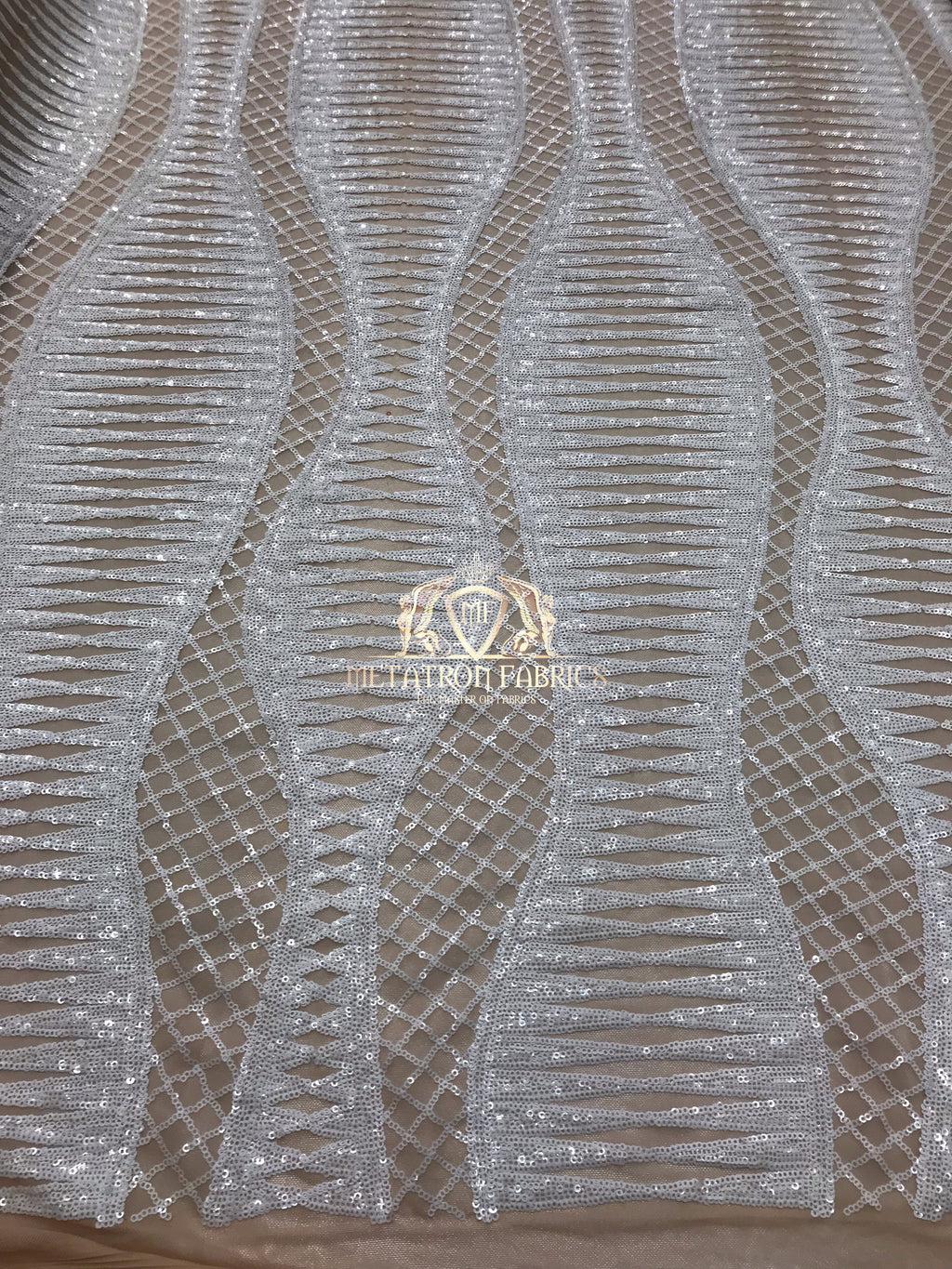 4 Way Stretch - White on Nude Mesh - Horizontal Line Design Sequins On Stretch Mesh By The Yard