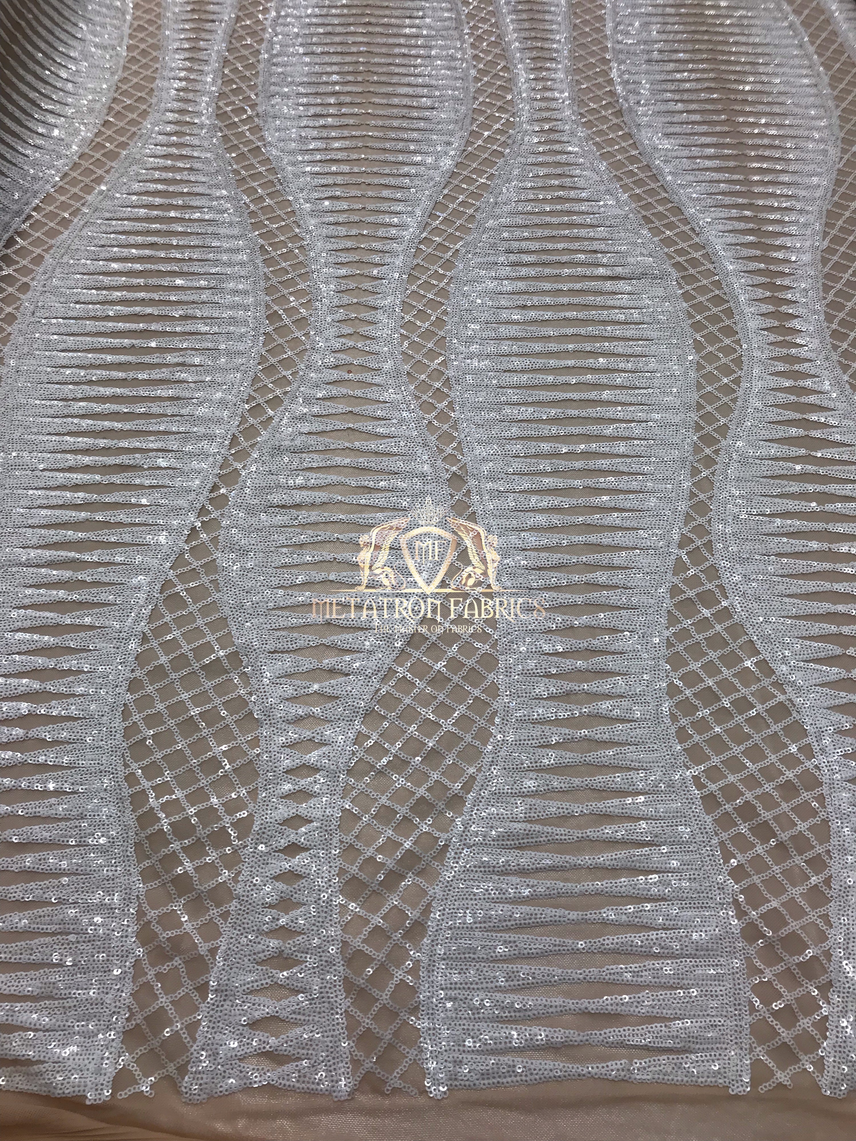 4 Way Stretch - White on Nude Mesh - Horizontal Line Design Sequins On Stretch Mesh By The Yard