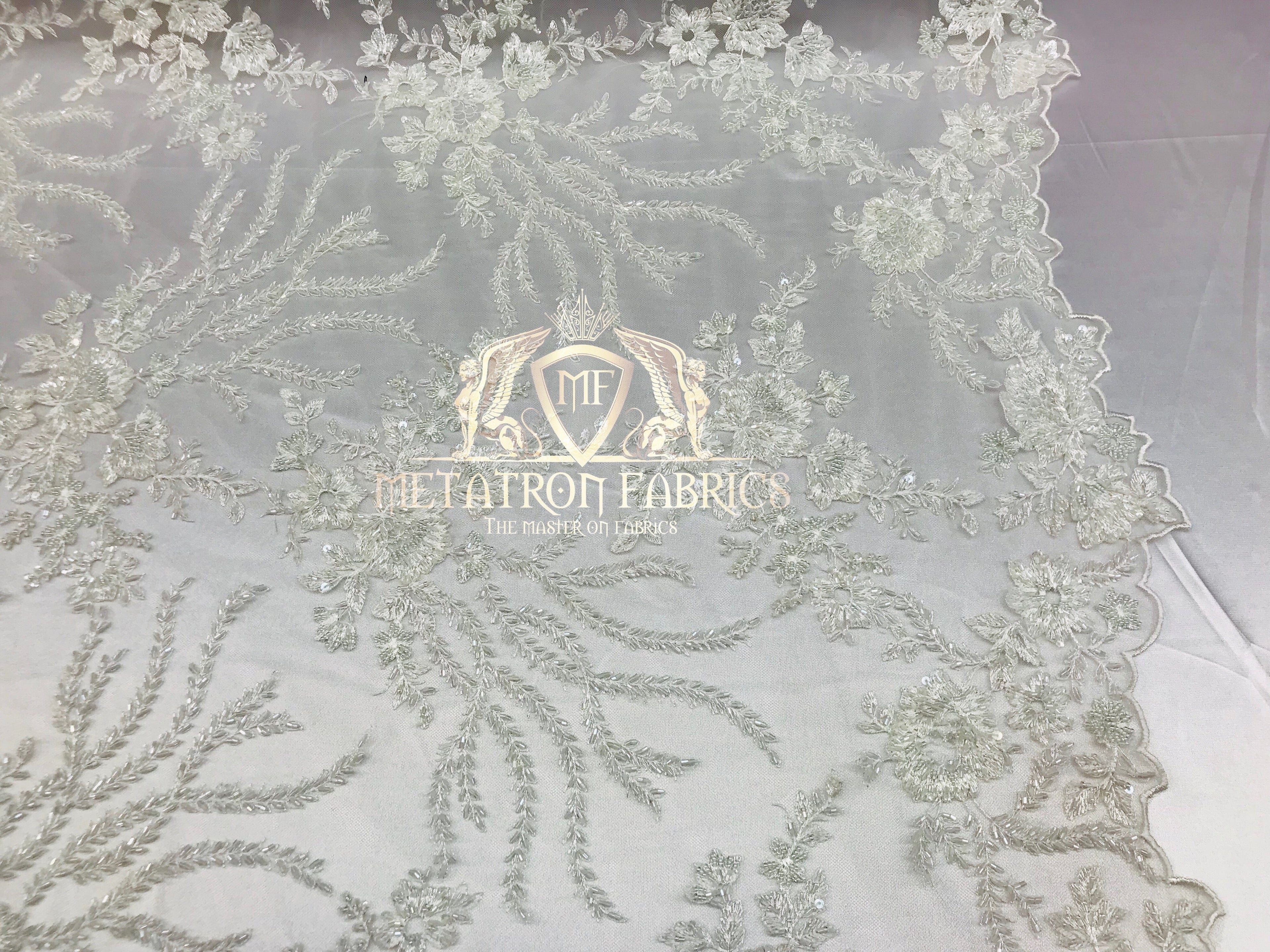 Beaded -Ivory- Fancy Flower Design Sequins Fabric with Beads Sold By The Yard