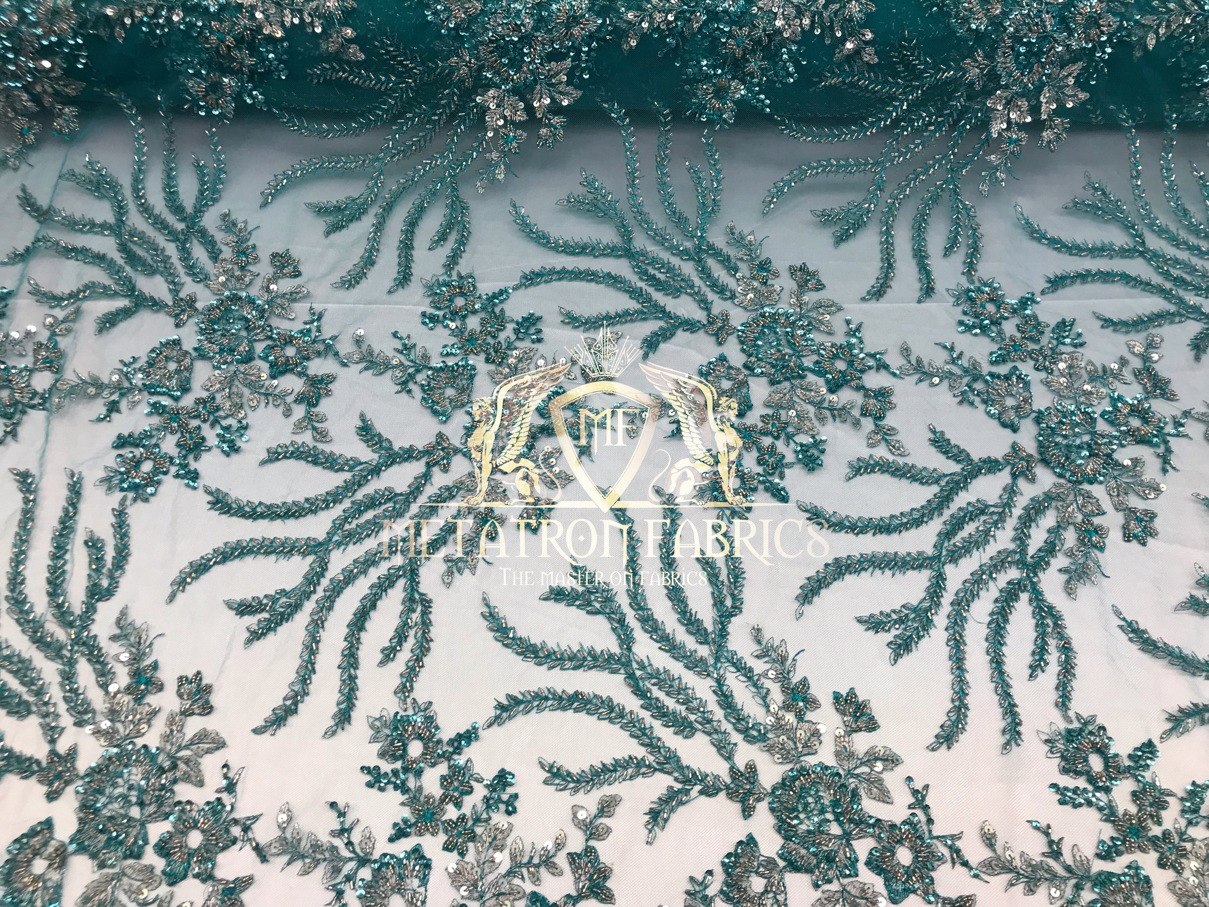 Beaded - Teal - Fancy Flower Design Sequins Fabric with Beads Sold By The Yard