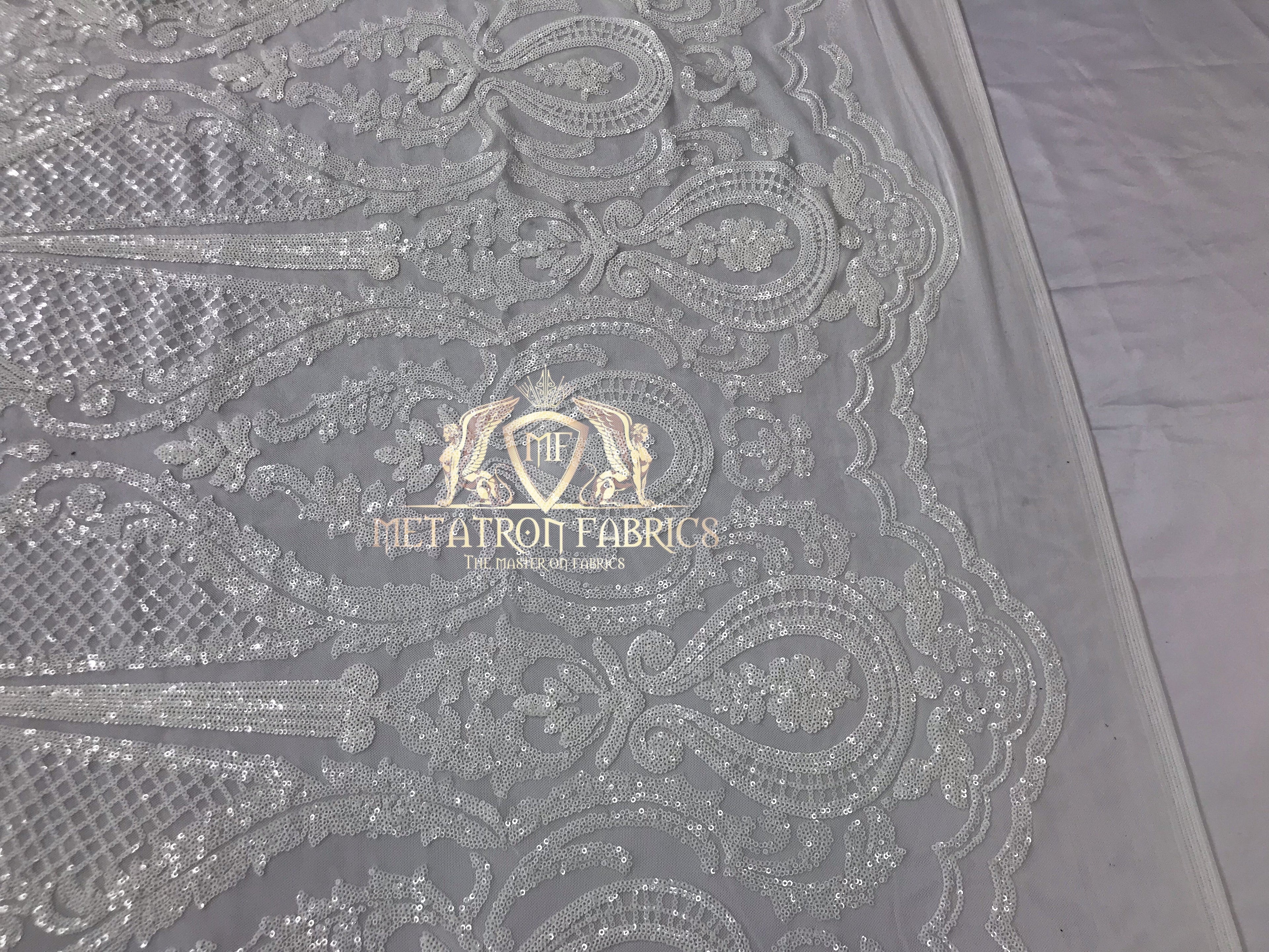 Sequins - White - 4 Way Stretch Fancy Fabric Embroidered On Mesh Sold By The Yard