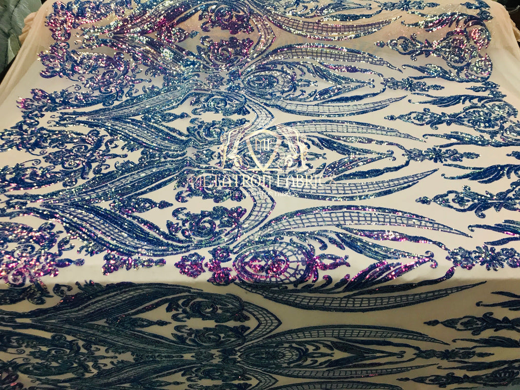 Big Damask Sequins Fabric - Purple - 4 Way Stretch Damask Sequins Design Fabric By Yard