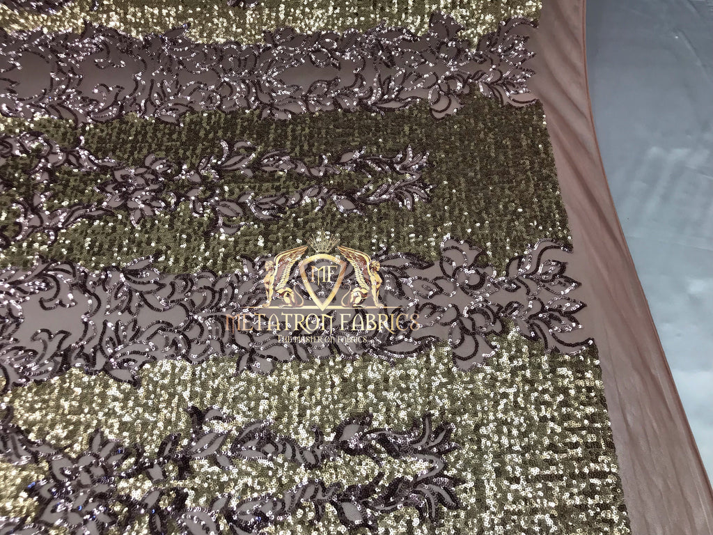 4 Way Stretch - Light Gold and Silver - Two Tone Flower Design Sequins On Stretch Mesh By The Yard