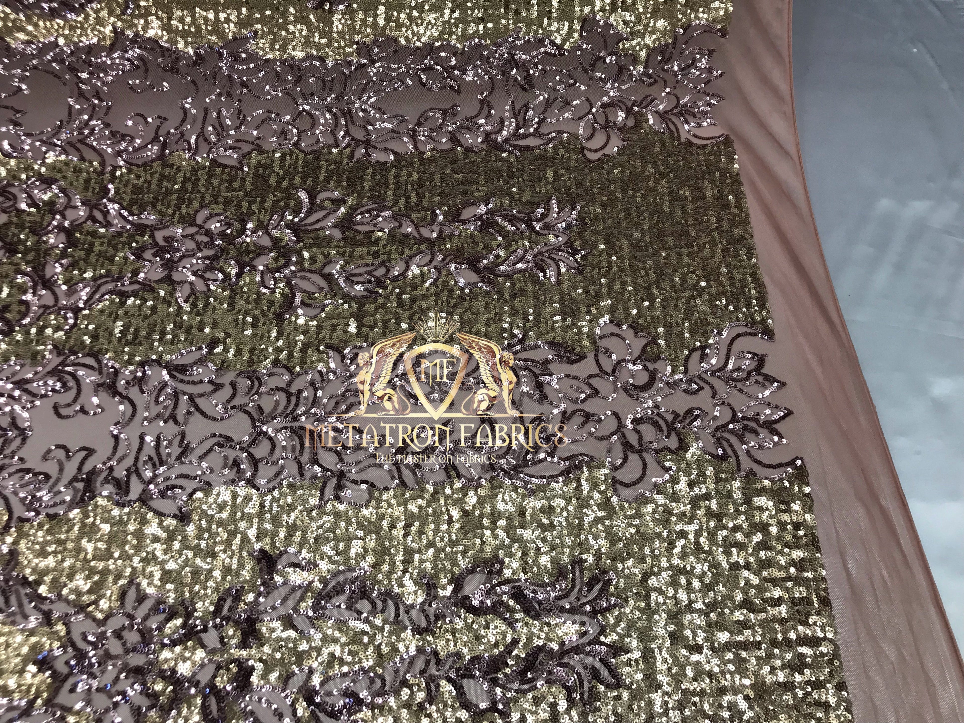 4 Way Stretch - Light Gold and Silver - Two Tone Flower Design Sequins On Stretch Mesh By The Yard
