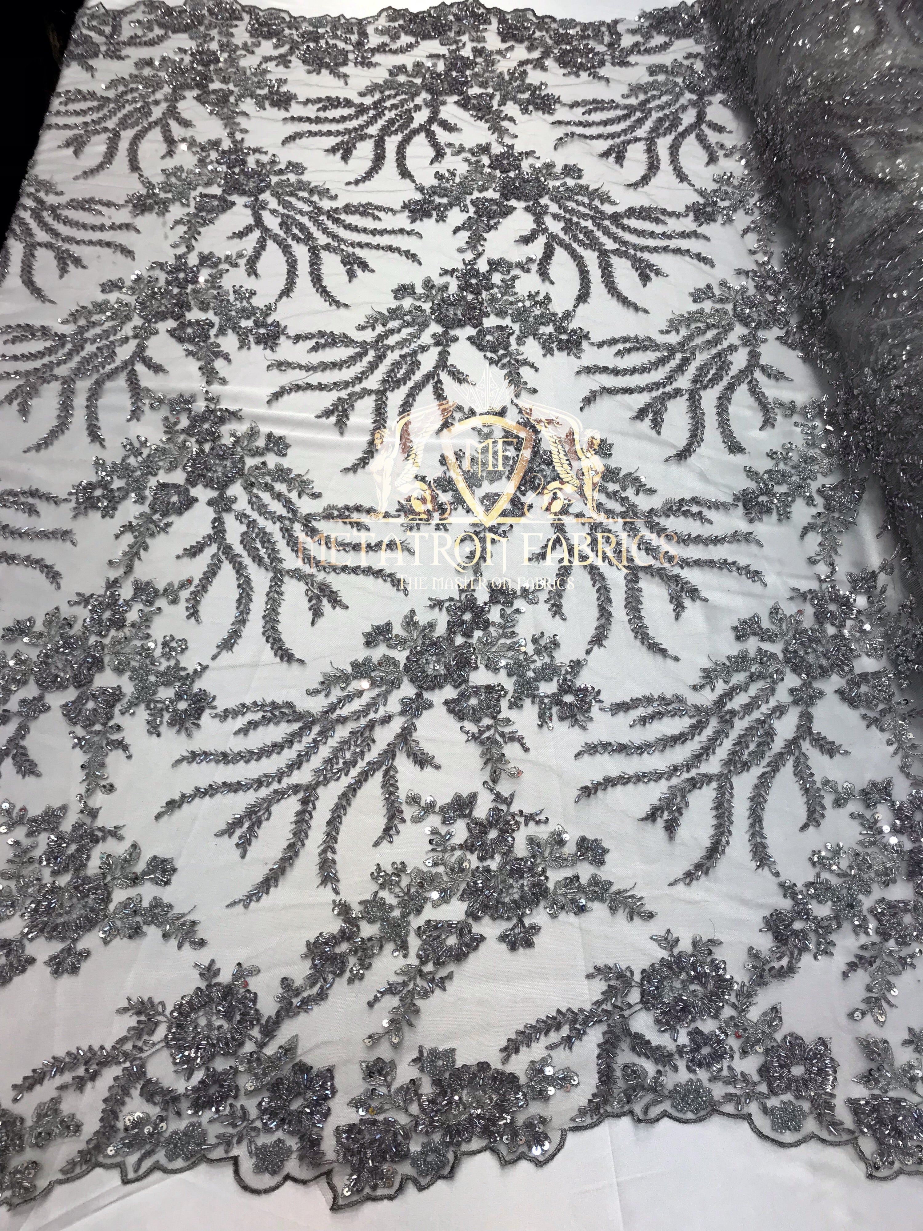 Beaded - Silver - Fancy Flower Design Sequins Fabric with Beads Sold By The Yard