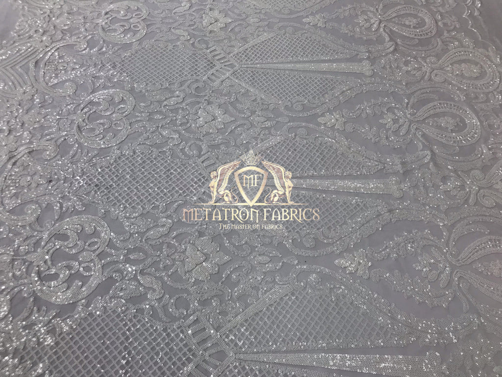 Sequins - White - 4 Way Stretch Fancy Fabric Embroidered On Mesh Sold By The Yard