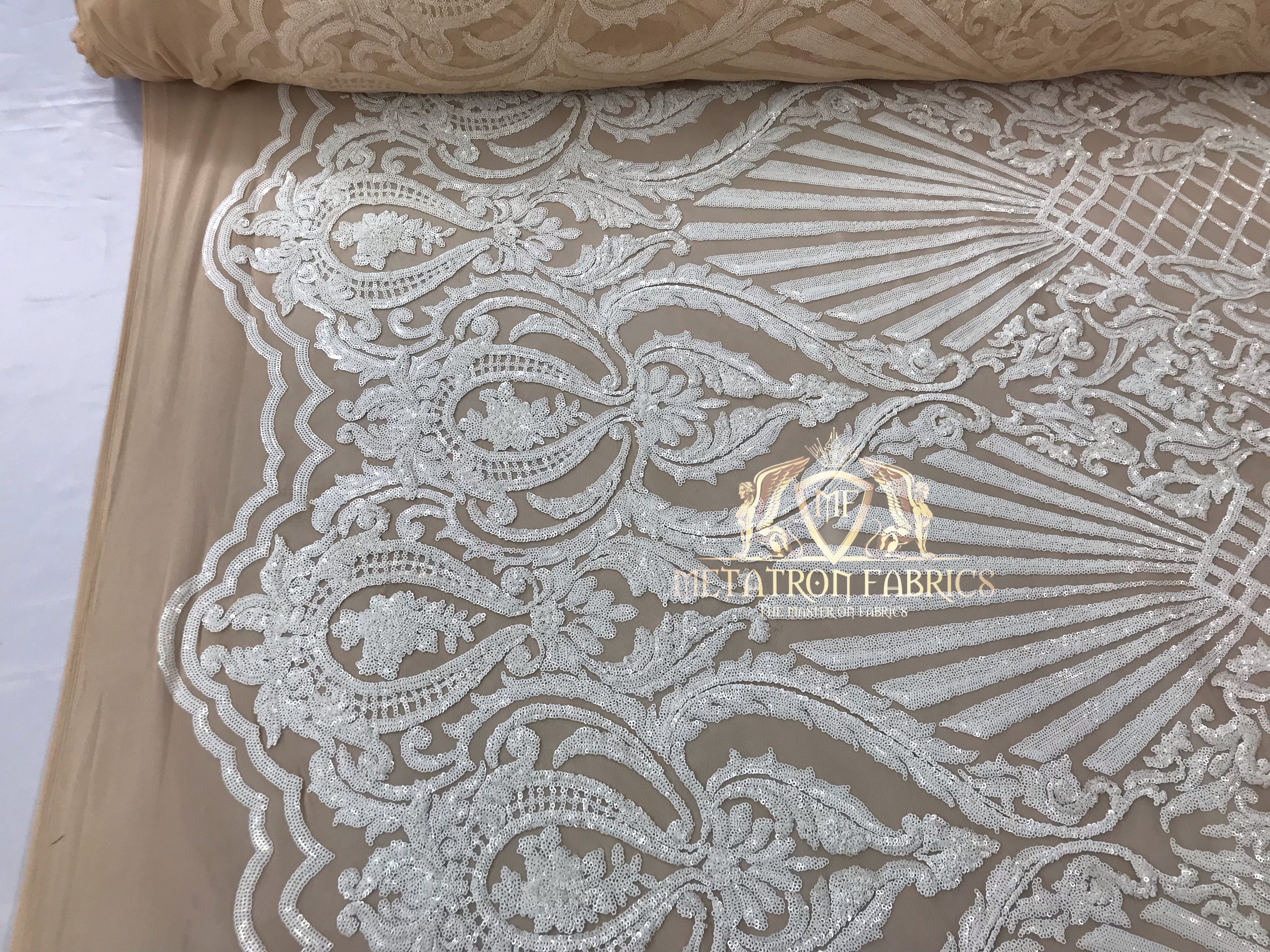Sequins - White on Dark Nude Mesh - 4 Way Stretch Fancy Fabric Embroidered On Mesh Sold By The Yard