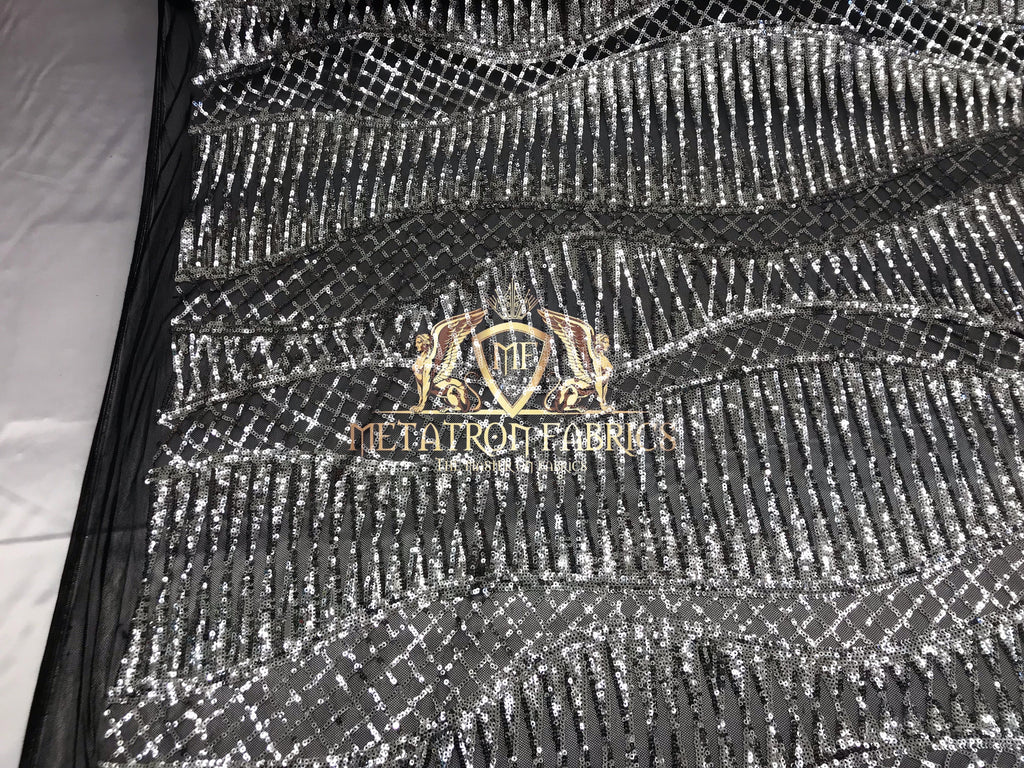 4 Way Stretch - Black and Silver - Horizontal Line Design Sequins On Stretch Mesh By The Yard