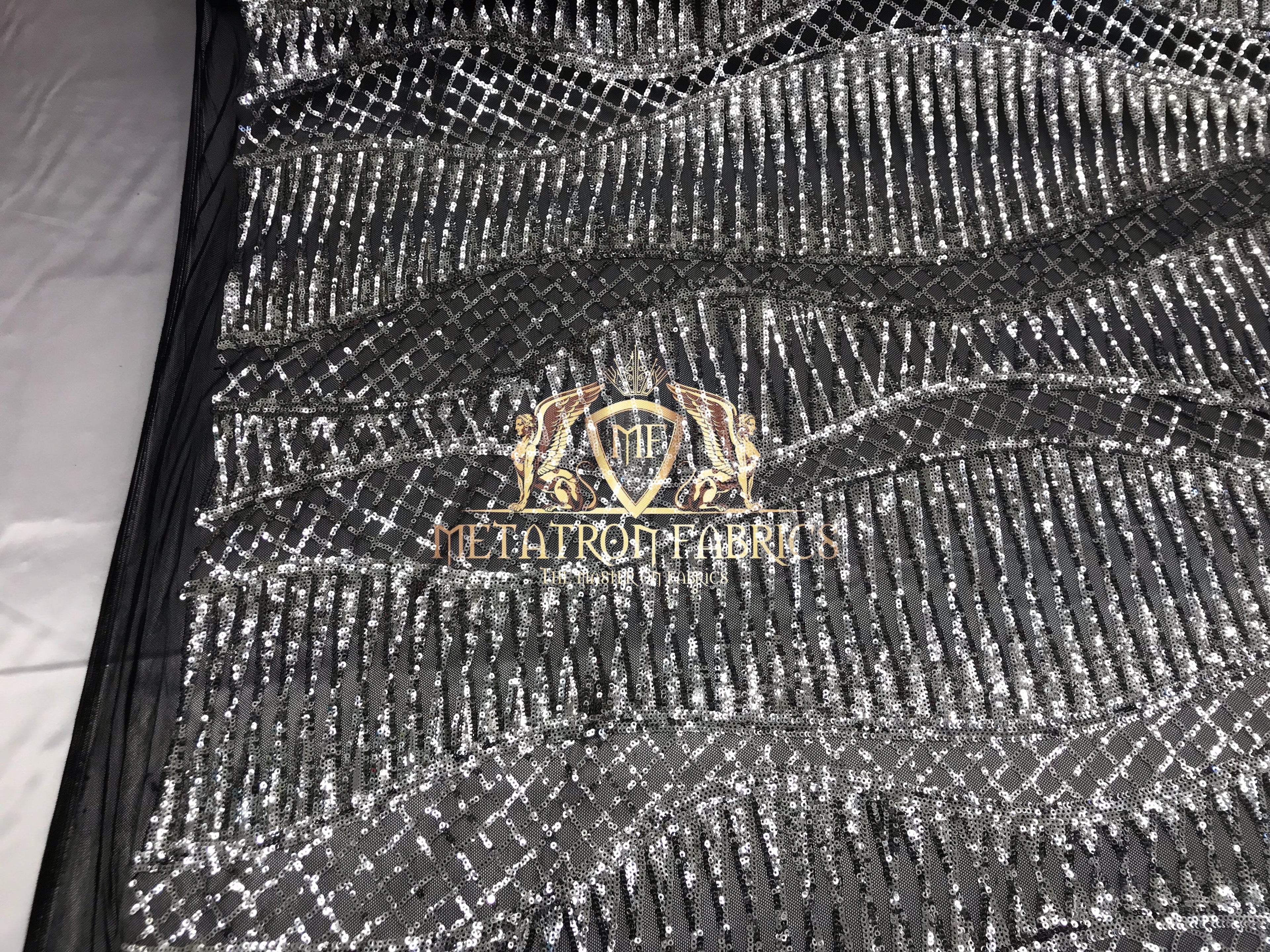 4 Way Stretch - Black and Silver - Horizontal Line Design Sequins On Stretch Mesh By The Yard