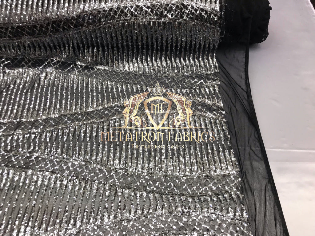 4 Way Stretch - Black and Silver - Horizontal Line Design Sequins On Stretch Mesh By The Yard