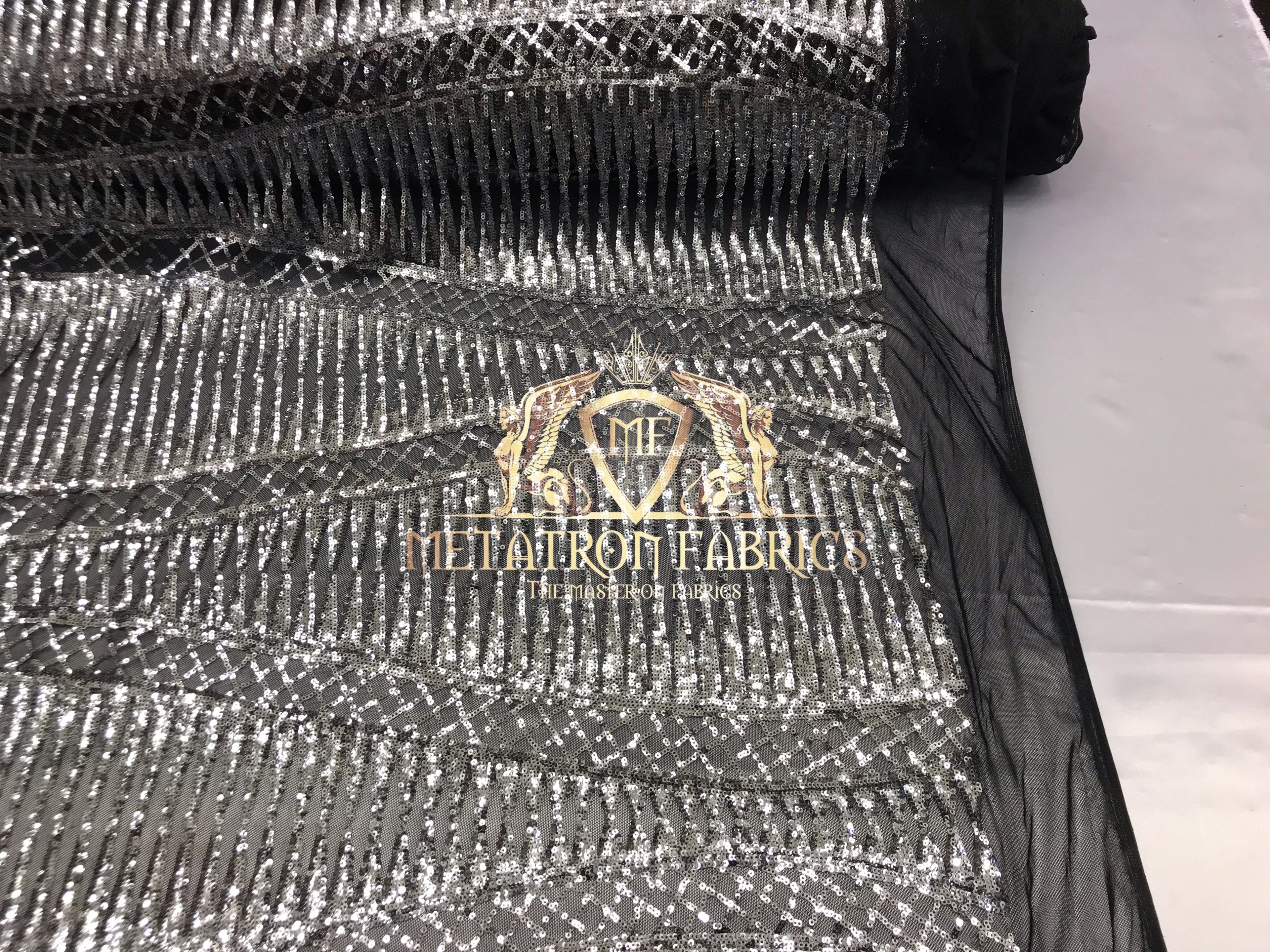 4 Way Stretch - Black and Silver - Horizontal Line Design Sequins On Stretch Mesh By The Yard