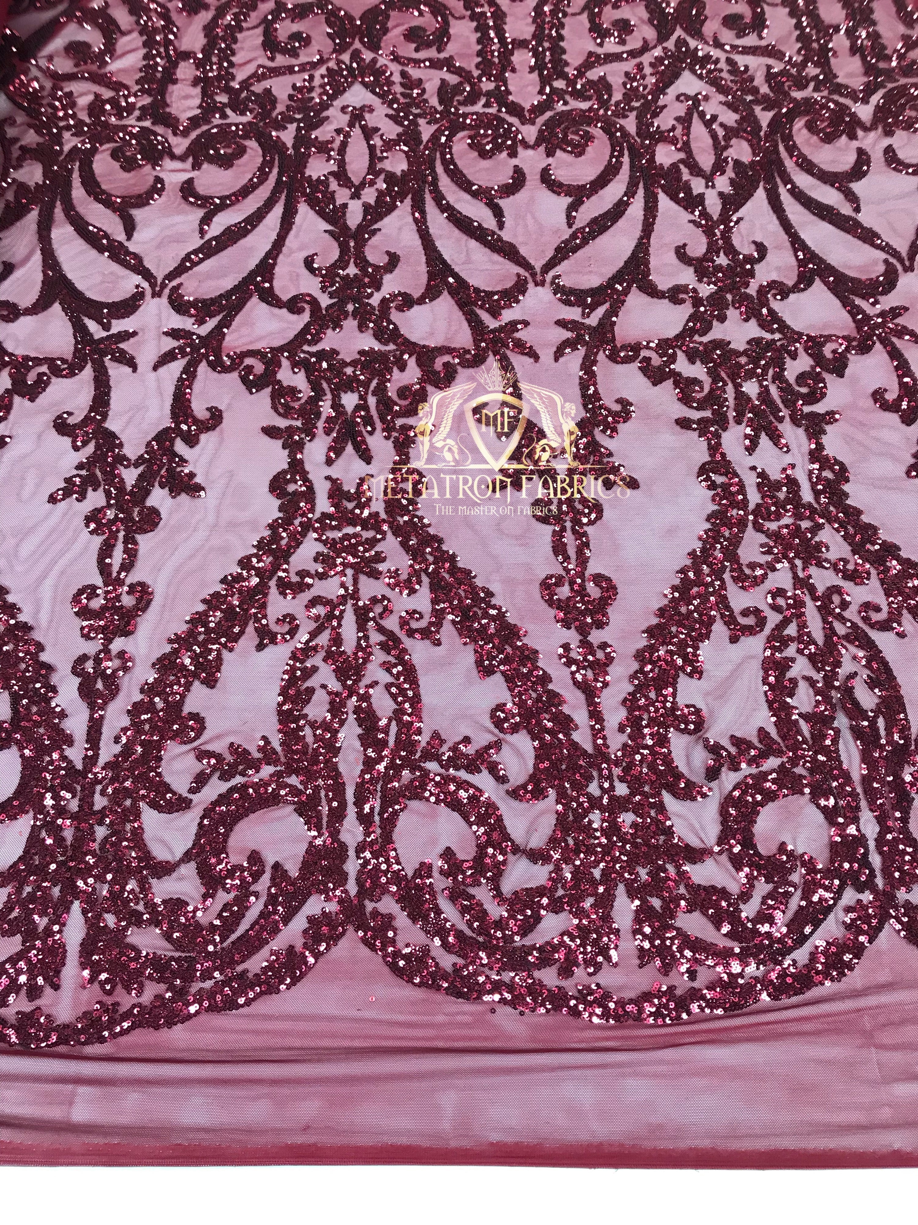 4 Way Stretch - Burgundy - Sequins Damask Design Fabric Embroidered On Mesh Sold By The Yard