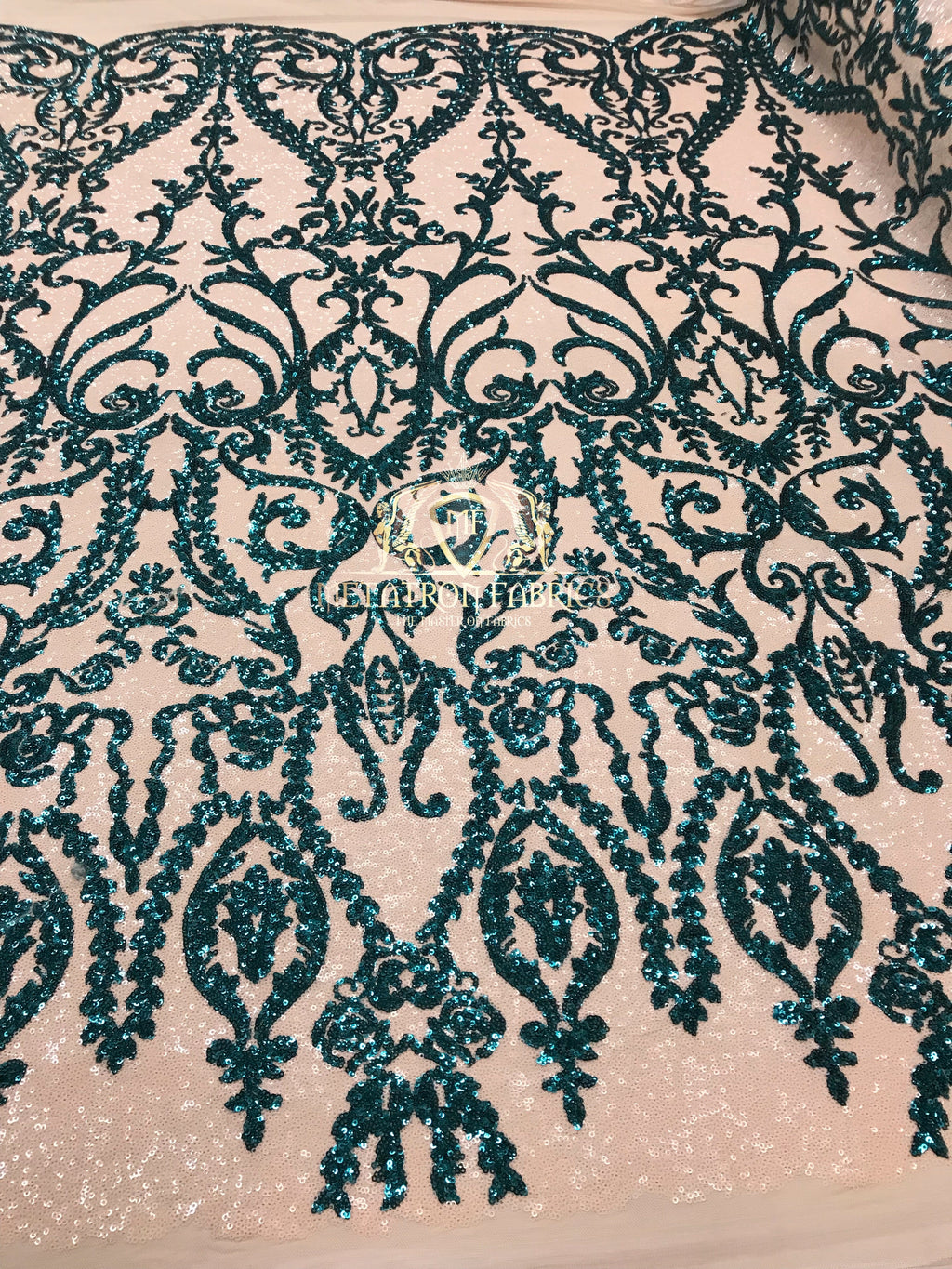 Two Tone Sequins - Teal / Nude - 4 Way Stretch Fancy Design Mesh Fabric Sold By The Yard