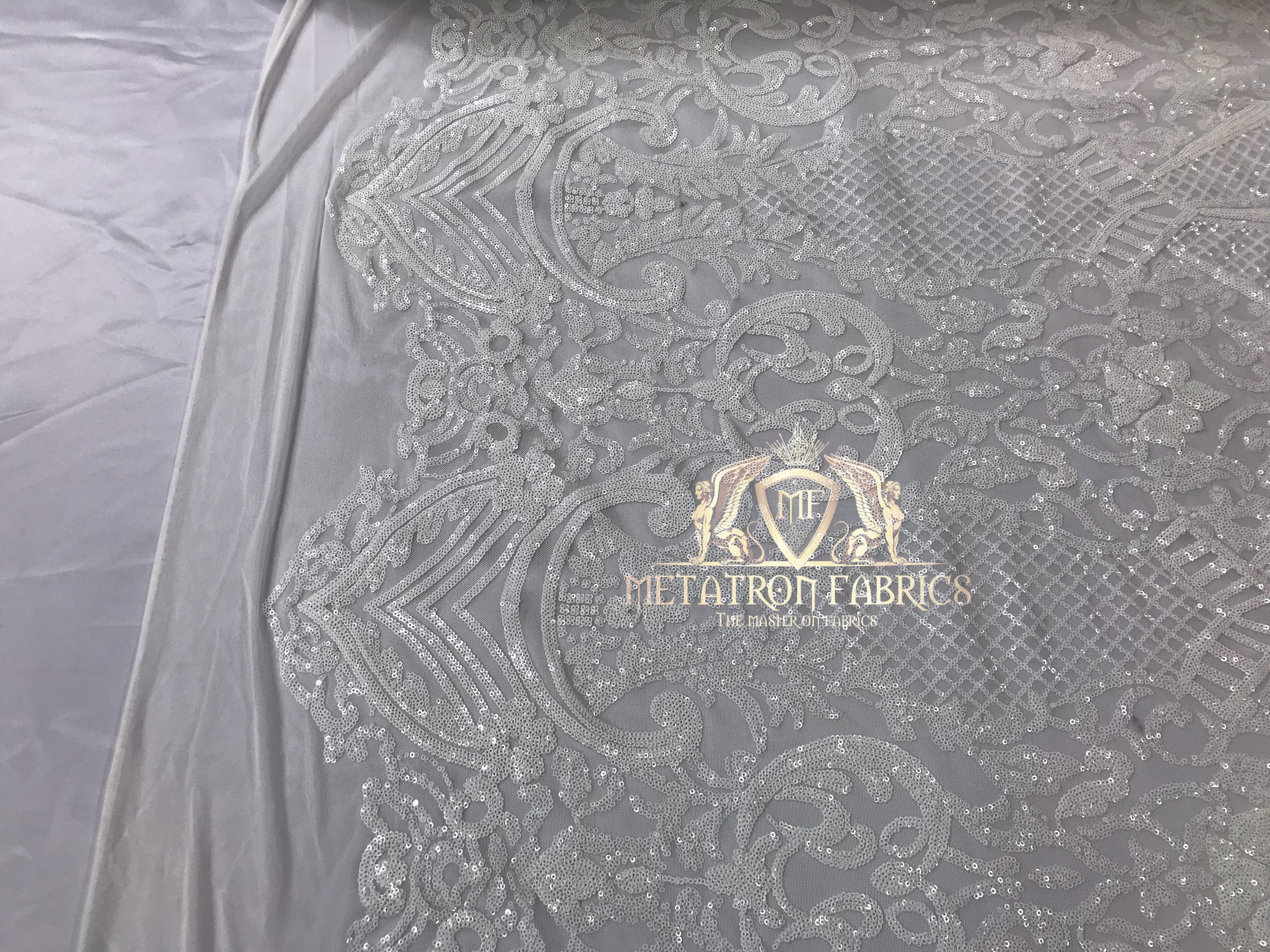 Sequins - White - 4 Way Stretch Fancy Fabric Embroidered On Mesh Sold By The Yard