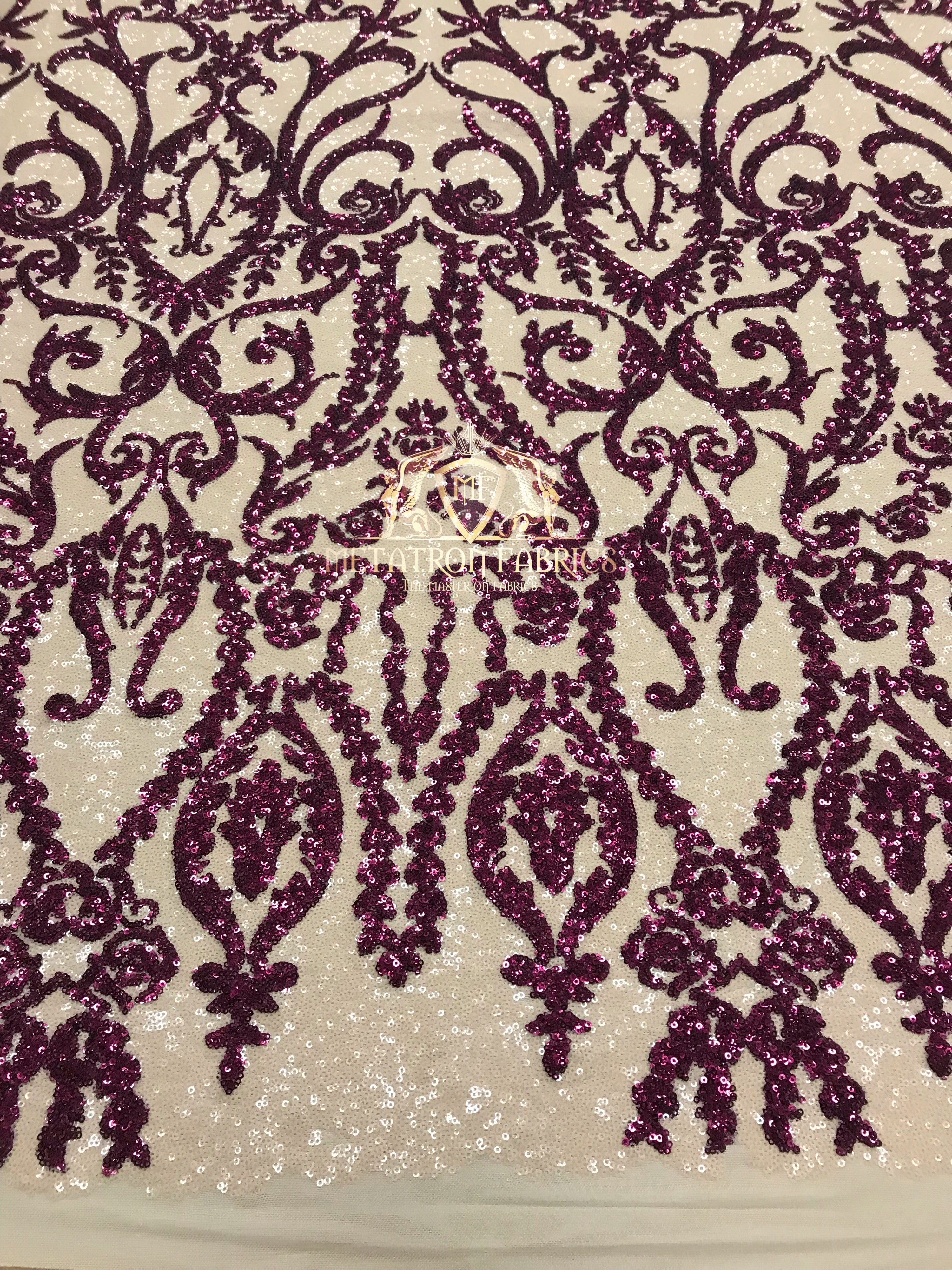 Two Tone Sequins - Magenta / Nude - 4 Way Stretch Fancy Design Mesh Fabric Sold By The Yard