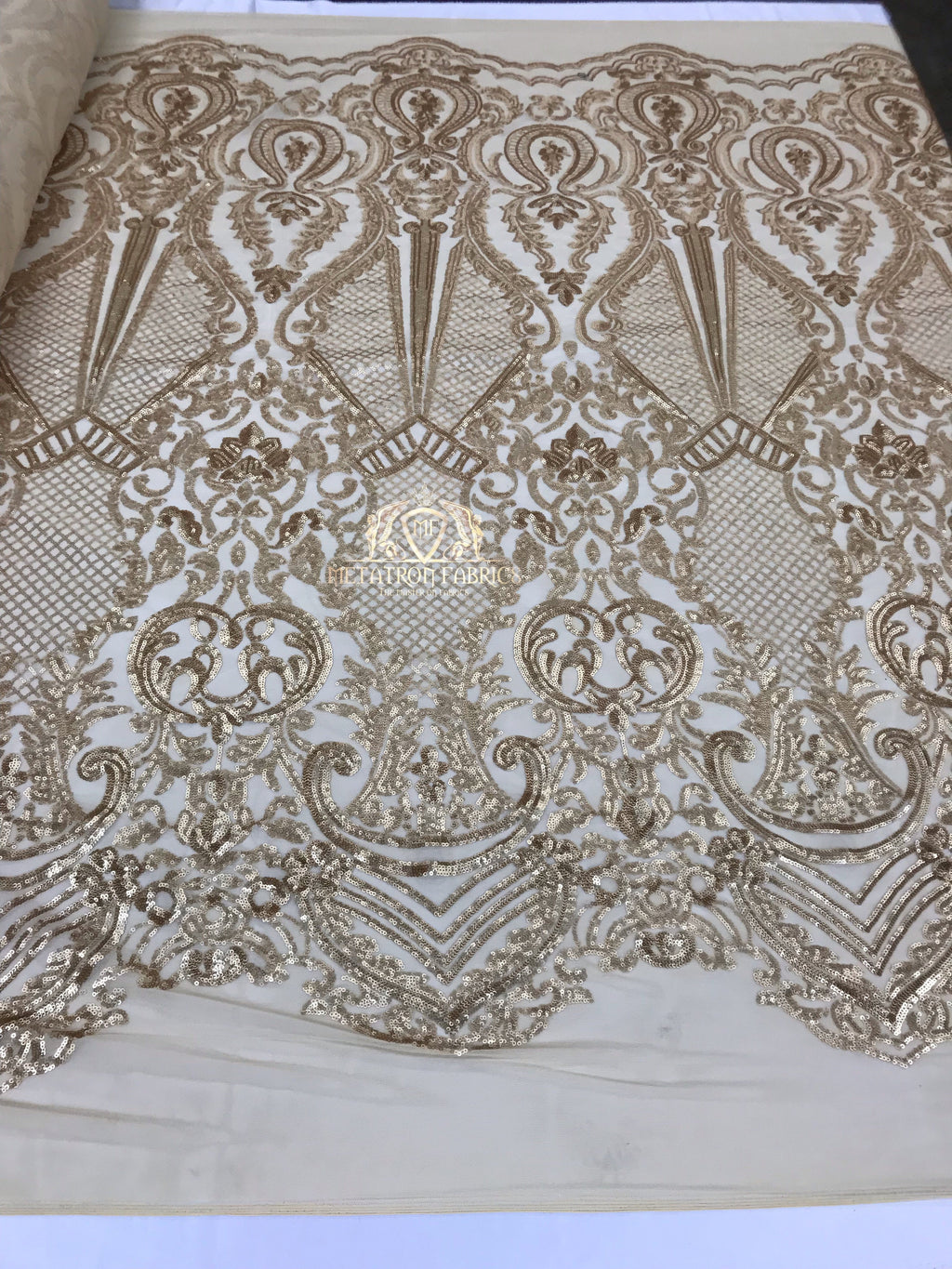 Sequins - Gold - 4 Way Stretch Fancy Fabric Embroidered On Mesh Sold By The Yard