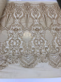 Sequins - Gold - 4 Way Stretch Fancy Fabric Embroidered On Mesh Sold By The Yard
