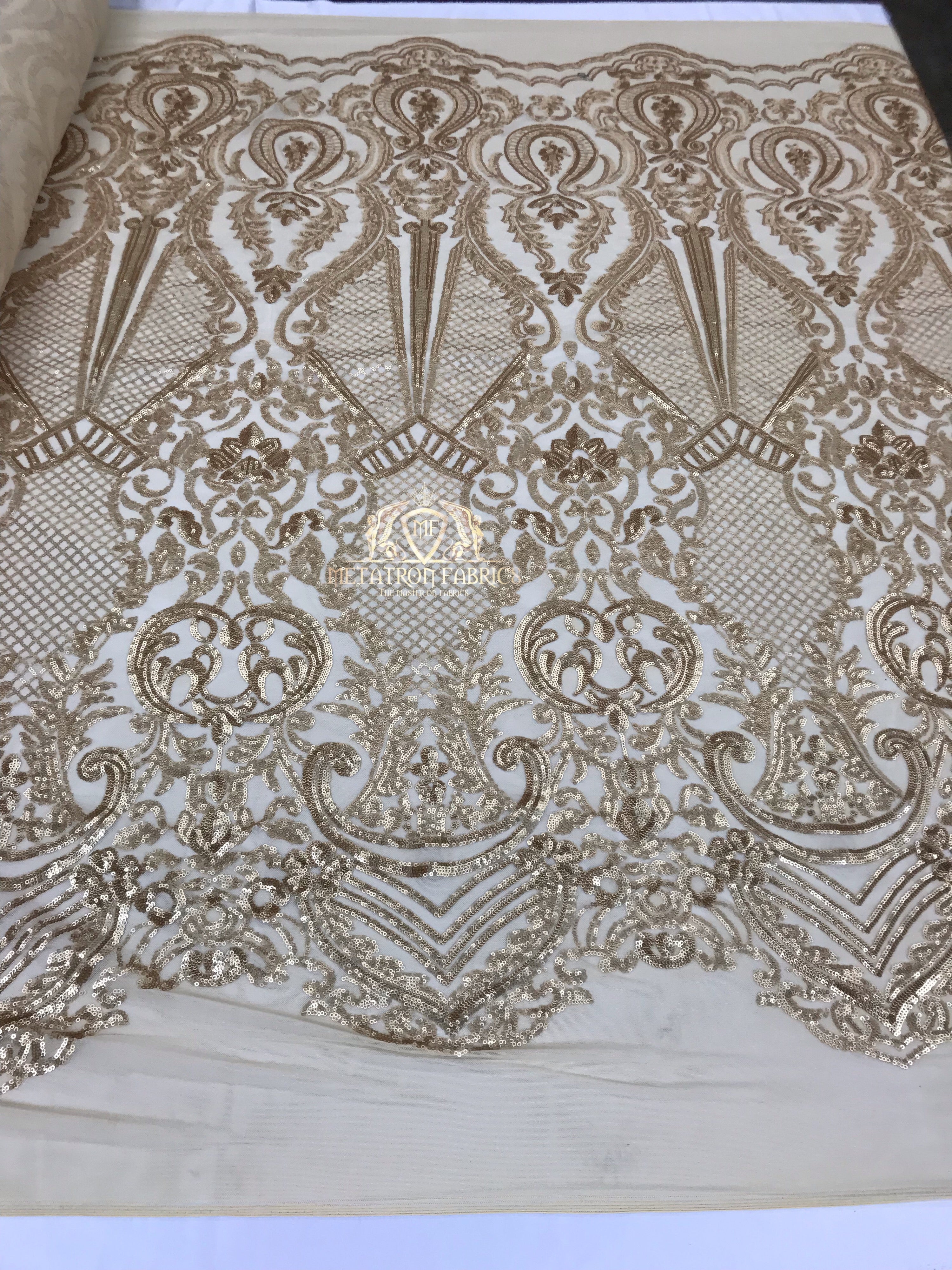 Sequins - Gold - 4 Way Stretch Fancy Fabric Embroidered On Mesh Sold By The Yard