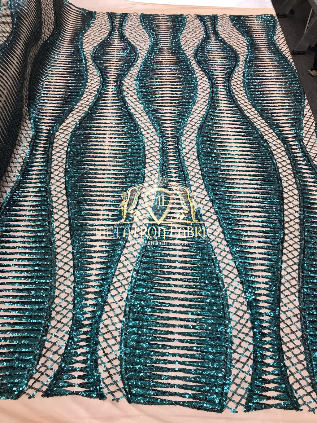 4 Way Stretch - Teal  - Horizontal Line Design Sequins On Stretch Mesh By The Yard
