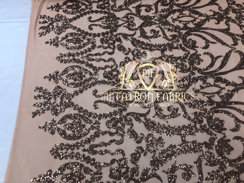 4 Way Stretch - Dusty Rose - Sequins Damask Design Fabric Embroidered On Mesh Sold By The Yard