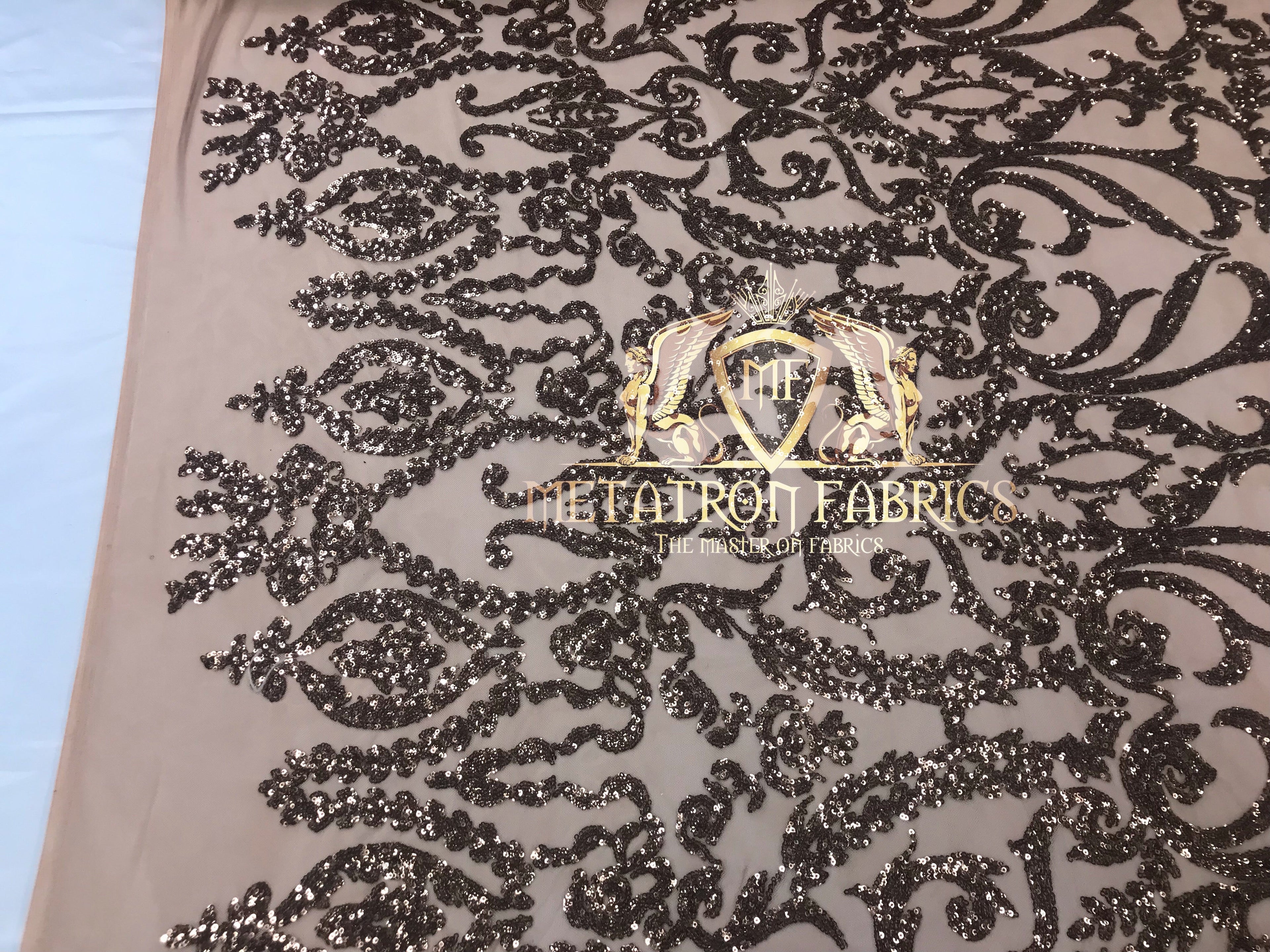 4 Way Stretch - Dusty Rose - Sequins Damask Design Fabric Embroidered On Mesh Sold By The Yard