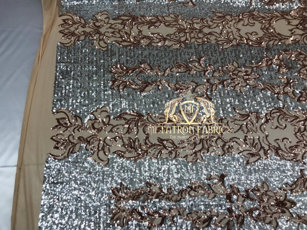 4 Way Stretch - Silver and Rose Gold - Two Tone Flower Design Sequins On Stretch Mesh By The Yard