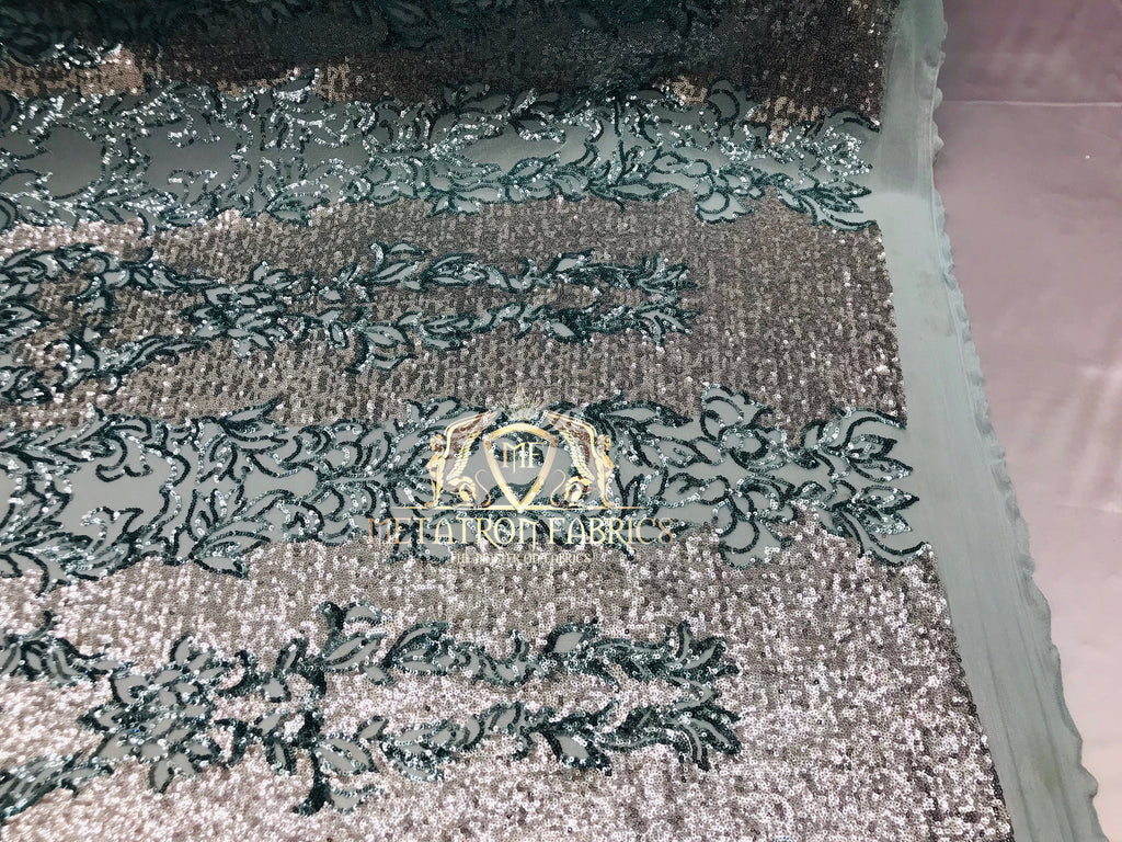 4 Way Stretch - Silver and Teal - Two Tone Flower Design Sequins On Stretch Mesh By The Yard