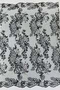 Corded Lace Sequins Fabric - White / Black - Embroidered Fancy Flower and Fish Design Sold By Yard