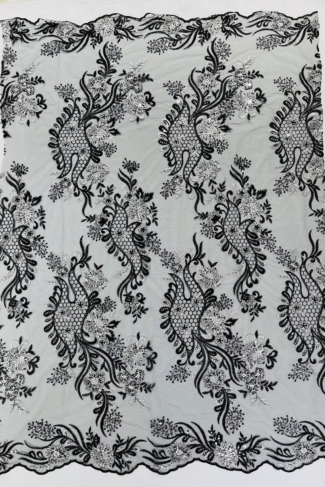 Corded Lace Sequins Fabric - White / Black - Embroidered Fancy Flower and Fish Design Sold By Yard