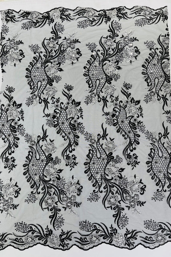 Corded Lace Sequins Fabric - White / Black - Embroidered Fancy Flower and Fish Design Sold By Yard