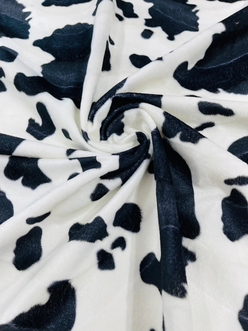 Cow Velboa Faux Fur Fabric - White / Black - Cow Animal Print Velboa Fabric Sold By The Yard