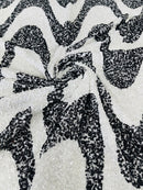 Wavy Line Velvet Sequins - White / Black - Velvet Sequins 2 Way Stretch Fabric 58/60” By Yard