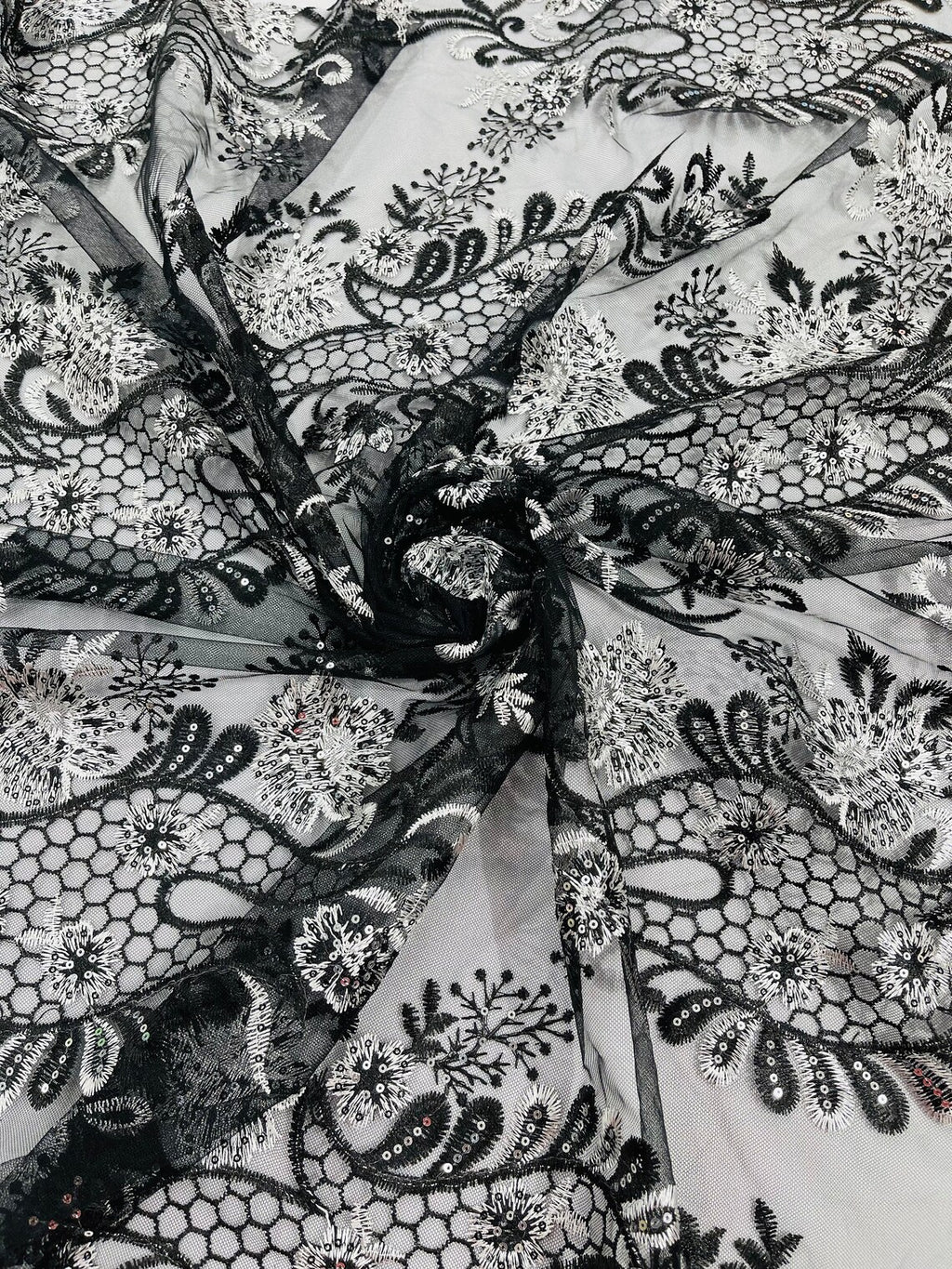 White rhinestones and black lace fabric #50725 - Design My Fabric