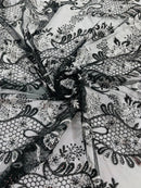 Corded Lace Sequins Fabric - White / Black - Embroidered Fancy Flower and Fish Design Sold By Yard