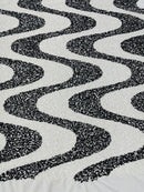 Wavy Line Velvet Sequins - White / Black - Velvet Sequins 2 Way Stretch Fabric 58/60” By Yard