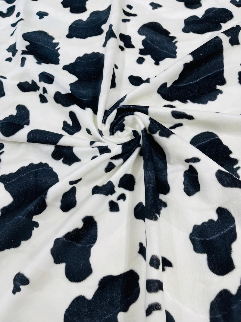 Cow Velboa Faux Fur Fabric - White / Black - Cow Animal Print Velboa Fabric Sold By The Yard